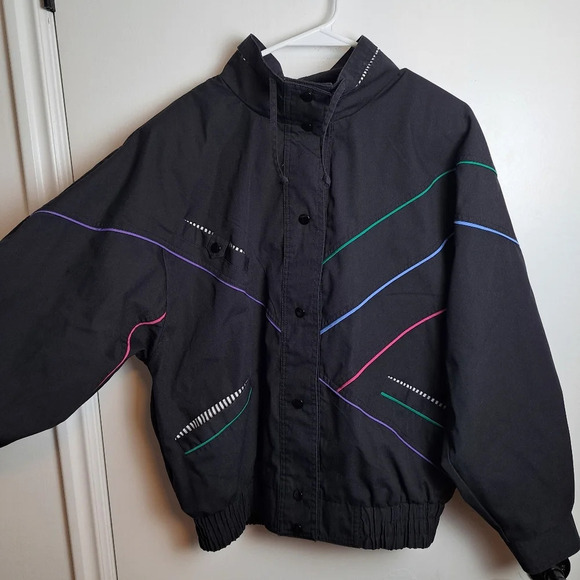 Vintage Casual Club Black Neon Stripes 80s Oversized Bomber Jacket Sz Medium - Picture 2 of 6